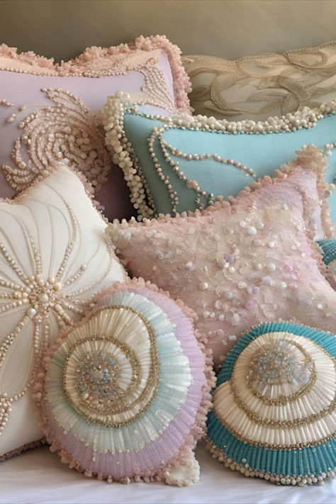 seashell Pillows, Beach Pillows, Summer Home Decor, beach house decor Shell Bedroom Decor, Sea Shells Room Decor, Sea Shell Bedroom, Beach Dorm Aesthetic, Under The Sea Room Ideas, Sea Bedroom Aesthetic, Coastal Apartment Aesthetic, Pink Girly Room Aesthetic, Sea Shell Bed