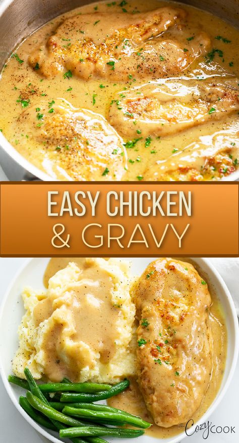 chicken and gravy with mashed potatoes and a side of green beans Homemade Chicken And Gravy, Easy Chicken Gravy, The Cozy Cook, Chicken Gravy Recipe, Chicken And Gravy, Cozy Cook, Homemade Gravy, Chicken Gravy, Chicken Main Dishes