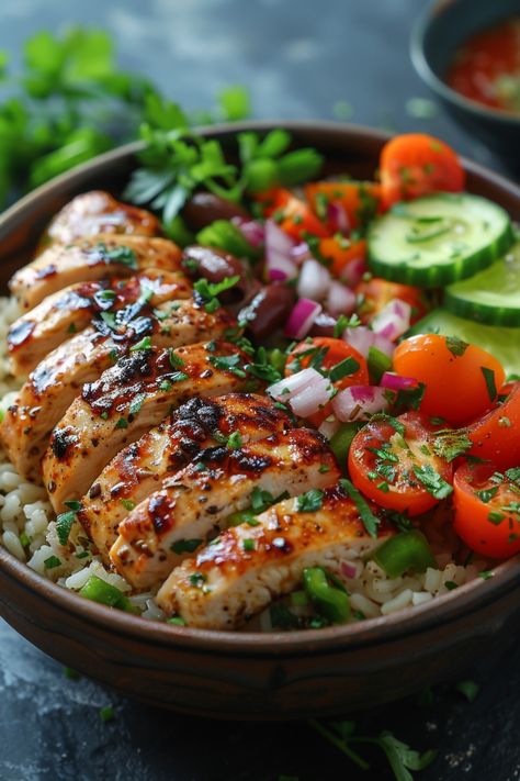 Grilled chicken on a bed of rice with cherry tomatoes, cucumber slices, and chopped red onions, garnished with herbs. Chicken Bowls Meal Prep, Bowls Meal Prep, Greek Chicken Bowls, Meal Prep Easy, Chicken Bowl Recipe, Chicken Marinated, Cooked Quinoa, Chicken Bowls, Healthy Bowls Recipes