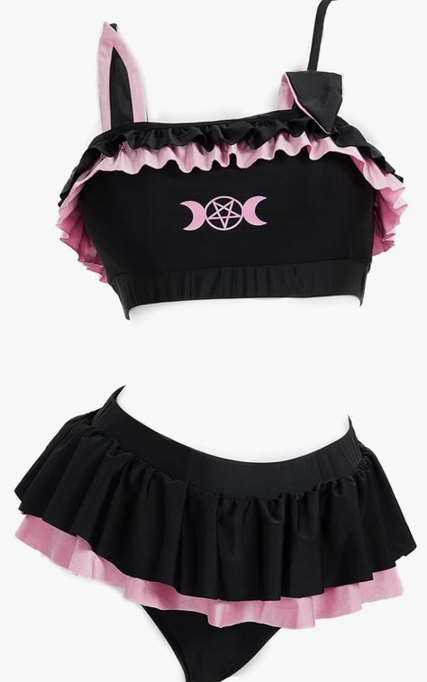 Black and Light Pink Swimsuit Bikini Goth Bathing Suit, Swimsuit Cute, Cute Goth, Ruffles Fashion, Two Piece Swimsuit, Swimming Outfit, Goth Outfits, Costume Outfits, Kawaii Clothes