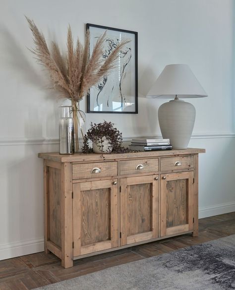 How To Style A Hallway Cabinet, Coastal Vase, Rustic Bedrooms, Hall Ways, Sideboard Styles, Entry Room, Rustic Sideboard, Sideboard Decor, Luxurious Dining Room