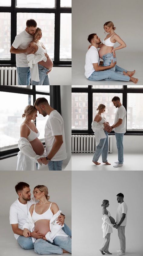 White T Shirt Maternity Shoot, White Top And Jeans Maternity Shoot, Maternity Photo Shoot Ideas Couples Studio, Jeans And Sports Bra Maternity Shoot, Pregnancy Pictures With Husband, Maternity Photography White Background, Inside Maternity Pictures Ideas, Maternity Photo Shoot Jeans, White Button Down Maternity Pictures