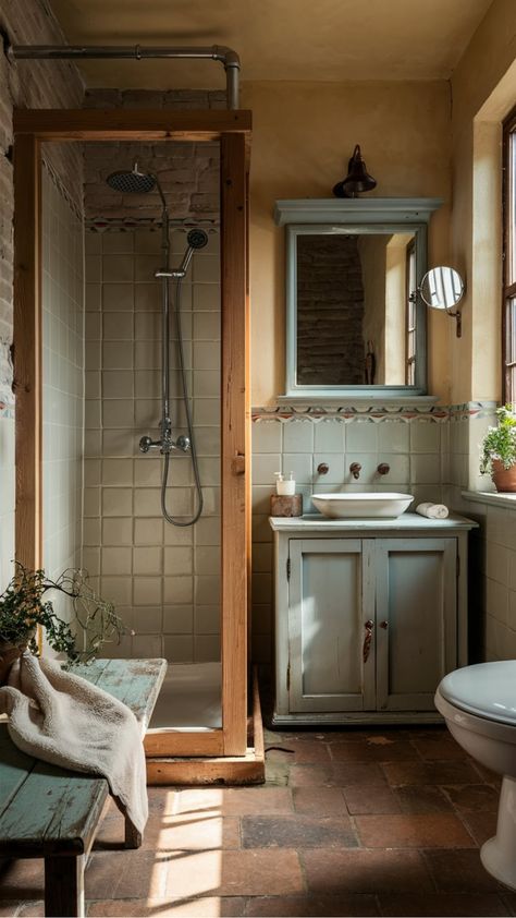 Cabin Restroom Ideas, Rustic Interior Aesthetic, Tiny Rustic Bathroom, Rustic Vintage Bathroom, Small Bathroom Cottagecore, Wetroom Shower Ideas, Wooden House Bathroom, Adding A Bathroom To A House, Cozy Vintage Bathroom