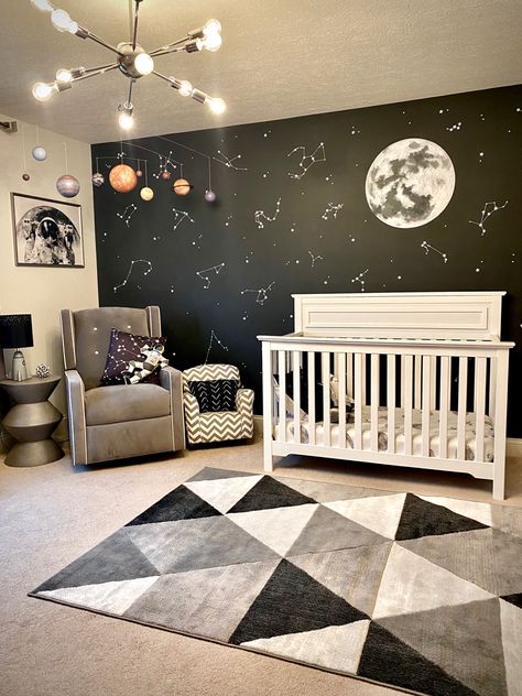 Moon Theme Room Bedroom Ideas, Planets Nursery Theme, Planet Theme Nursery, Moon Inspired Nursery, Boys Astronaut Bedroom, Lunar Nursery Theme, Best Nursery Themes, Baby Room Wall Ideas, Astronaut Room Ideas