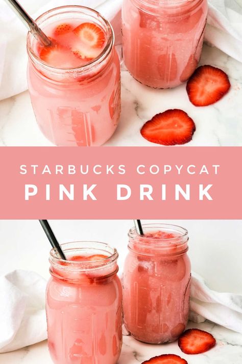 Made with a combination of fresh fruit, coconut milk, vanilla syrup and juice, the Pink Drink Starbucks Refresher copycat recipe is not only delicious but also a healthier alternative to other sugary drinks. The Pink Drink Starbucks, Pink Drink Starbucks, Coconut Milk Drink, Mixology Recipes, Fun Party Drinks, Drink Starbucks, Coconut Milk Recipes, Starbucks Refreshers, Easy Drink Recipes