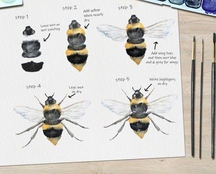 Bee Watercolor Tutorial · How To Paint A Piece Of Watercolor Art · Art on Cut Out + Keep Drawing Bees Step By Step, Carrot Watercolor, Cactus Watercolour, Akvarel Illustration, Bee Watercolor, Diy Bee, Watercolour Tutorial, Flamingo Watercolor, Spring Trees