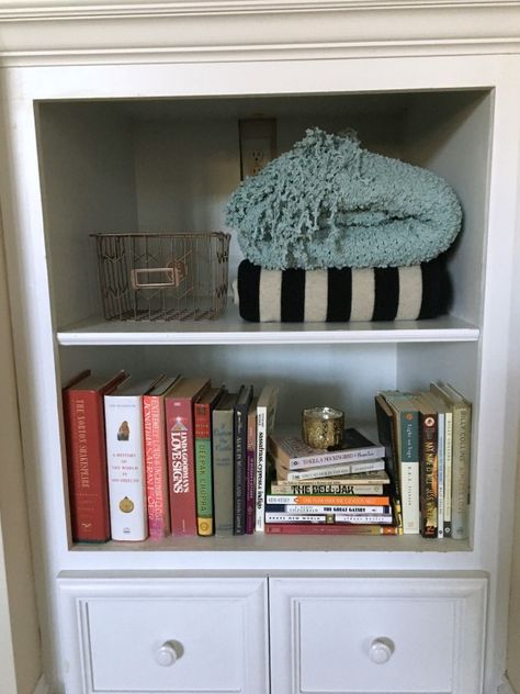 How to Decorate Deep Built-In Shelves - Eat Move Make How To Style Deep Built In Shelves, Styling Deep Bookshelves, Deep Bookcase Styling, Deep Shelf Styling, How To Style Deep Shelves, Deep Bookshelf Styling, Styling Deep Shelves, Decorate Deep Shelves, Style Deep Shelves