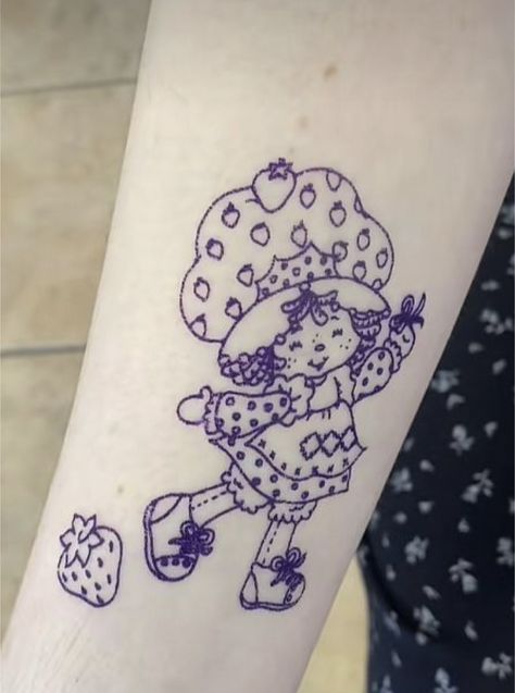 Strawberry Shortcake Tattoos, Strawberry Shortcake Tattoo Ideas, Strawberry Shortcake Tattoo, Care Bear Tattoos, Strawberry Tattoo, Minimalist Tattoo Ideas, Small Girly Tattoos, Mouse Tattoos, Small Hand Tattoos