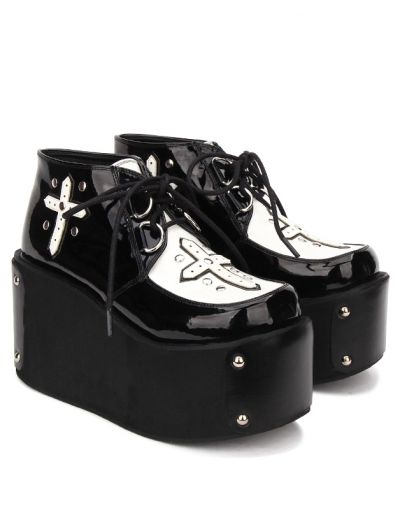 Black Gothic Cross Style Platform Shoes for Women - Devilnight.co.uk Goth Shoes, Creepers Shoes, Punk Shoes, Gothic Shoes, Platform Wedges Shoes, Dr Shoes, Wedges Shoes, Shoes Platform, High Heel Wedges