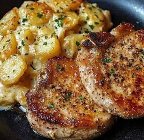 Chop Cheese, Garlic Parmesan Pork Chops, Scallop Potatoes, Mini Crockpot Recipes, Parmesan Pork Chops, Cheesy Scalloped Potatoes, Protein Ideas, Main Recipes, Grandma's Recipes