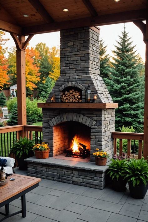 Outdoor Porches With Fireplaces, Fireplace On Front Porch, Fireplace On Deck Outdoor, Deck Fireplace Ideas, Small Outdoor Fireplace Ideas, Gazebo With Fireplace, Outdoor Brick Fireplace, Modern Fire Pits, Apartment Christmas Decorations