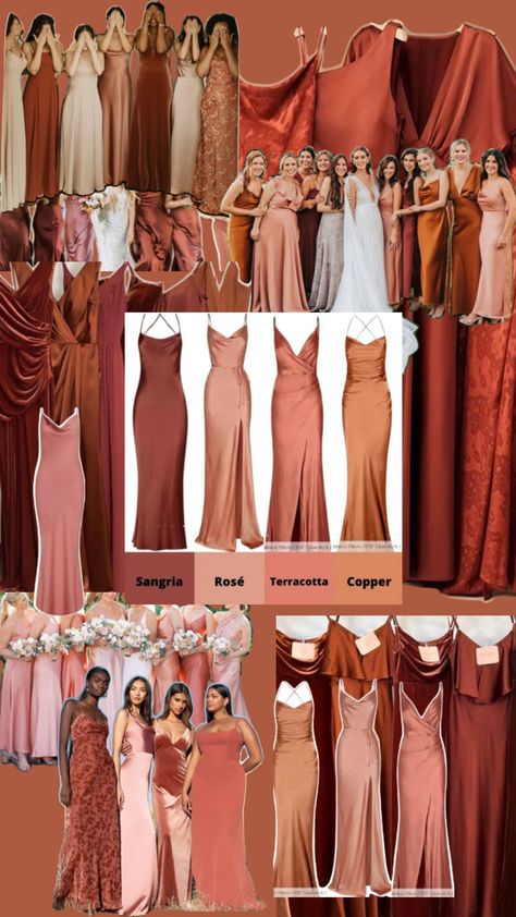 Terracotta monochromatic bridesmaids copper, rust, burgundy, dusty rose Copper Bridesmaid Dresses, Fall Photoshoot Ideas, Rust Bridesmaid Dress, Rusting Wedding, Fall Wedding Color Palette, Fall Bridesmaids, Fall Bridesmaid Dresses, Rose Bridesmaid Dresses, Wedding Party Outfits