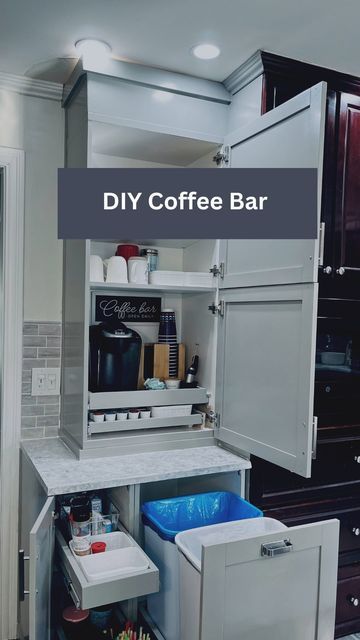 Slide Out Coffee Station, Pantry Converted To Coffee Bar, Coffee Cabinet Station, Diy Coffee Bar Cabinet, Ikea Coffee Bar, Kitchen Corner Ideas, Desk And Cabinet, Ikea Kitchen Planning, Pull Out Kitchen Cabinet