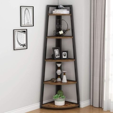 Union Rustic Scaggs 70.07'' H x 25.9'' W Steel Corner Bookcase & Reviews | Wayfair Tall Corner Shelf, Corner Ladder Shelf, Corner Storage Shelves, Corner Bookshelf, Small Bookcase, Small Bookshelf, Corner Bookshelves, Corner Space, Regal Design