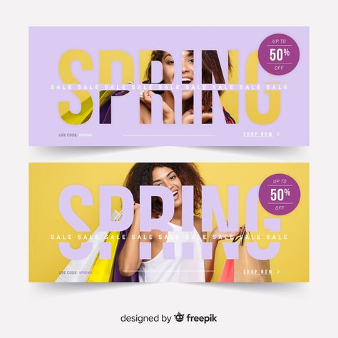 Free Vector | Spring sale banners with photo Magazine Banner Design, Sales Banner Design Ideas, Spring Layout Design, Spring Advertising Design, Sales Advertising Design, Facebook Banner Design Inspiration, Web Banner Ideas, Promotional Banner Design, Spring Banner Design