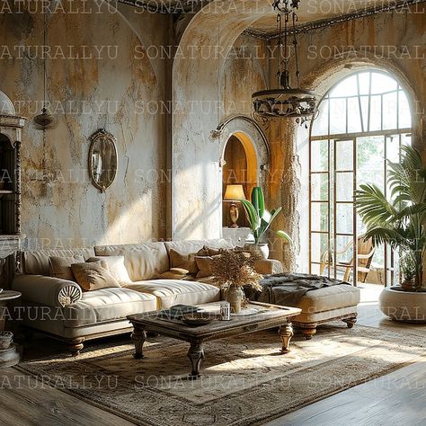 settings. Modern Tuscan Living Room, Tuscan House Interior, Tuscan Interior Design, Stone Cottages Interior, Italian Villa Interior Design, Tuscan Cottage, Spanish Style Living Room, Italian Villa Interior, Interior Room Design