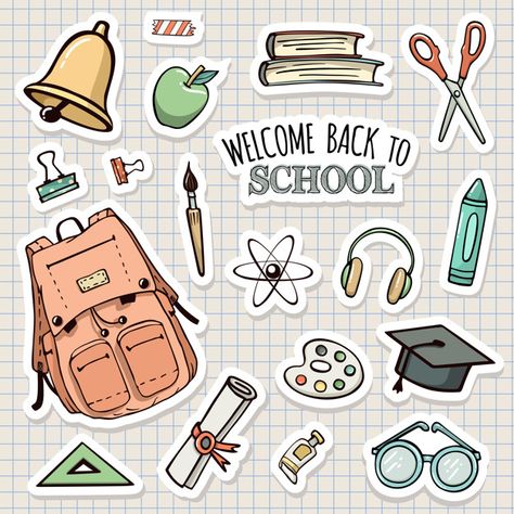 Vector set of school stickers Premium Ve... | Premium Vector #Freepik #vector #background Sticers Idea Cute, Cute Printable Stickers Journal, Sticker Ideas Cute, Printable Stickers For Journal, Back To School Stickers, Vector Stickers, Stickers For School, School Background, Stickers Cool