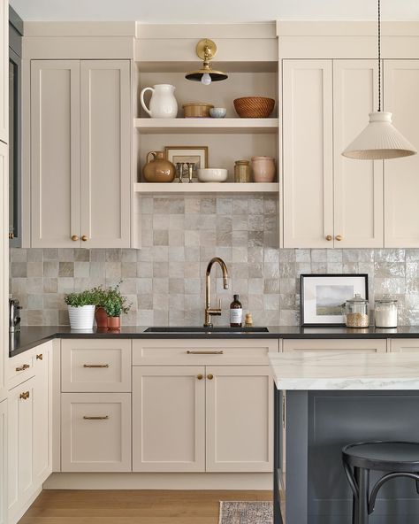 Kitchen Open Layout With Island, Kitchen Extending Into Dining Room, Painted Kitchen Cabinets Colors Black Counters, Modern Kitchen With White Appliances, Closing Space Above Kitchen Cabinets, Rh Kitchen, Timeless Kitchen Cabinets, Taupe Kitchen Cabinets, Beige Kitchen Cabinets