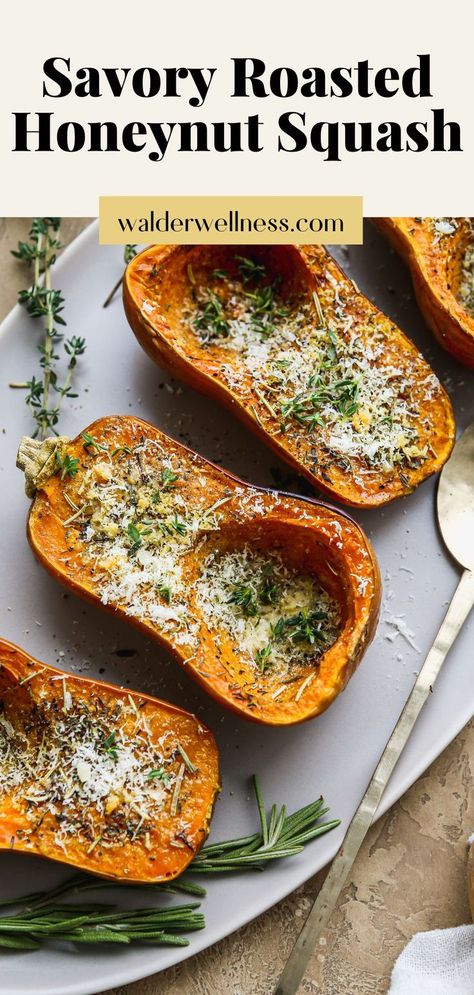 Savory roasted honeynut squash topped with thyme, rosemary, garlic, and parmesan on a serving platter. Butternut Squash Oven, Roasted Honeynut Squash, Roasted Squash Recipes, Butternut Squash Recipes Healthy, Butternut Squash Side Dish, Oven Roasted Butternut Squash, Healthy Squash Recipes, Savory Butternut Squash, Honeynut Squash