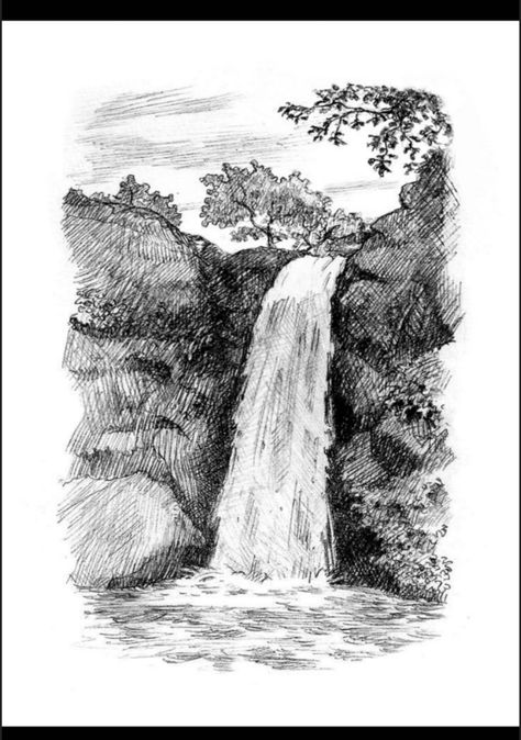 Waterfall Sketch, Waterfall Drawing, Pencil Sketches Landscape, Landscape Pencil Drawings, Landscape Design Drawings, Fall Drawings, Nature Art Drawings, Pencil Sketch Drawing, Nature Sketch