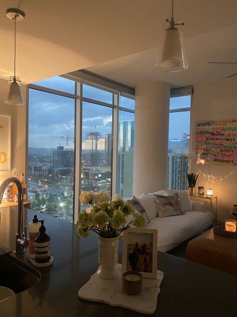 City Views, Fresh Flowers, Art House Or Apartment Aesthetic, Living In Apartment Aesthetic, New York House Interiors City Apartments, All Window Apartment, Boston Homes Interior, Apartment With Glass Wall, Aesthetic La Apartment, Apartment Living Room New York, Tampa Apartment Decor