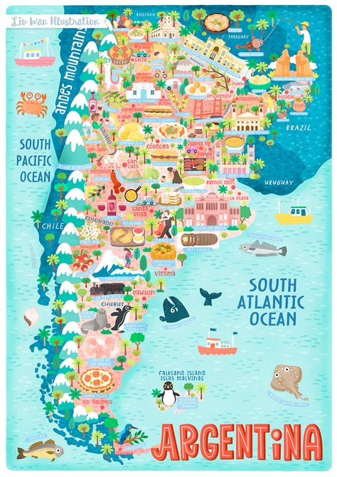 Map of Argentina Illustration on Behance Argentina Map, Argentina Food, Food Map, Argentina Travel, France Map, Planner Templates, Illustrated Map, Map Wall Art, Travel Maps