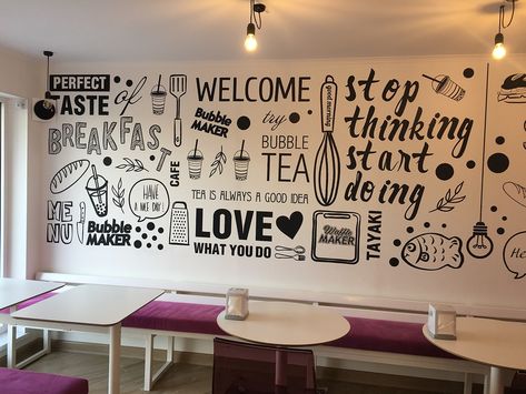 Wall in cafe on Behance Cafe Quotes Wall, Cafe Wallpaper Design, Cafe Decor Ideas Wall Art, Cafe Wall Design Ideas Interiors, Diy Cafe Decor, Wall Painting Ideas Cafe, Restaurant Wall Painting Ideas, Cafe Mural Ideas, Cafe Wall Art Creative