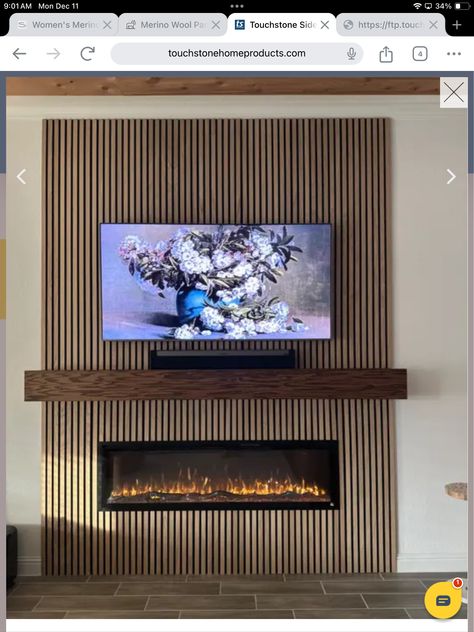 Modern Chimney Ideas Fireplace Wall, Tv Wall Features Ideas Living Room, Slat Wall Living Room Fireplace, Television And Fireplace Wall, Slat Wall With Tv And Fireplace, Wood Panel Walls Tv Room, Wood Slat Wall With Electric Fireplace, Sound Bar Shelf Ideas, Tv Accent Wall Basement