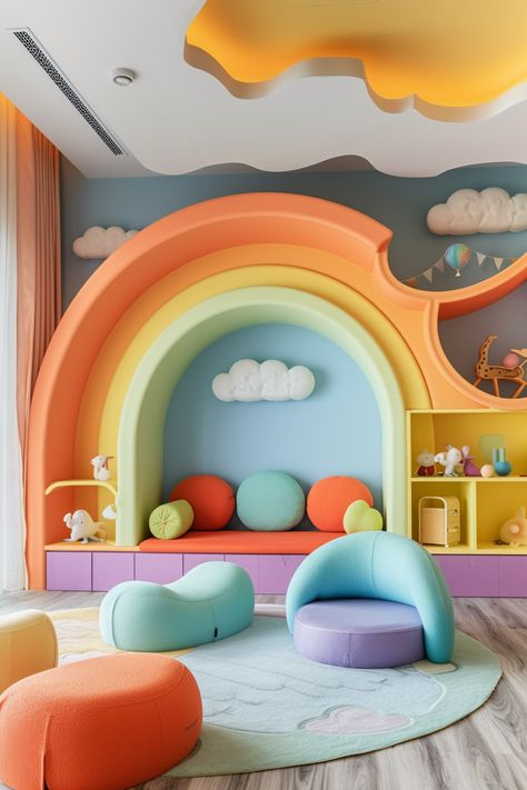 35+ Fun and Themed Kids' Playroom Ideas Arched Furniture, Rainbow Playroom Ideas, Rainbow Bedroom Ideas, Whimsical Playroom, Rainbow Shelves, Rainbow Interior, Clouds And Rainbows, Climbing Structure, Shaped Shelves