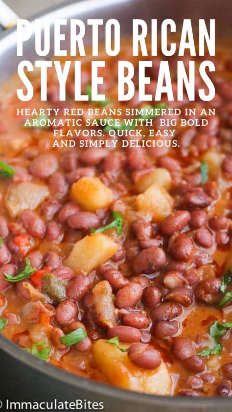 Puerto Rican Style Beans - most delicious beans to cook up. Easy yet tasty meat-free beans recipe - hearty stew of red beans, simmered in tomatoes, onions, garlic, bell pepper spices and chunks of potatoes and all the flavors fuse together beautifully. No complicated cooking method for this world cuisine, vegetarian, beans dish. 😊 Puerto Rican Rice And Beans With Chicken, Red Kidney Bean Recipes Spanish, Red Beans And Potatoes Recipe, Puerto Rican Beans Instant Pot, Red Beans Puerto Rican Recipe, Spanish Beans And Potatoes, Goya Red Beans Recipe, Potato Beans Recipes, Dinner Ideas Easy Potato