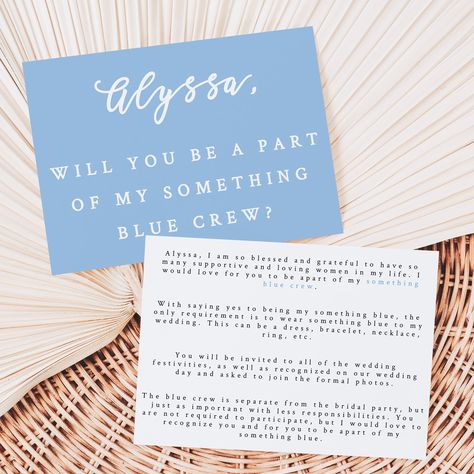 "ENJOY 60% OFF WHEN YOU ORDER 3 OR MORE ITEMS. Discount automatically applied at checkout. Are you looking for a unique and special way to include dear friends or family on your wedding day that are not part of your bridal party? Look no further than our something blue crew proposal card! This card features a simple minimalistic design, along with the words \"Will you be a part of my something blue crew?\" It is perfect for any wedding. Plus, it is an instant download so you can get it right awa Wedding Attendant Proposal, Something Blue Proposal Card, Something Blue Friends, Blue Crew Wedding Proposal, Something Blue Person, Something Blue Bridal Party, Will You Be My Something Blue, Blue Crew Proposal, Something Blue Crew Proposal