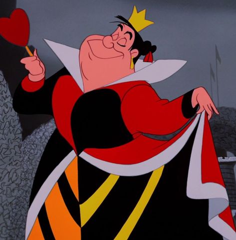 The Queen of Hearts is the main antagonist of Disney's 1951 animated feature film, Alice in Wonderland. She is the tyrannical and deranged ruler of Wonderland with a sadistic penchant for beheadings. When Alice arrives in the kingdom and inadvertently humiliates the monarch, the Queen of Hearts becomes obsessed with decapitating the girl. She also serves as one of the primary members of the Disney Villains franchise. Disney Villains Queen Of Hearts, Cartoon Queen Of Hearts, Queen Of Hearts Animated, Heart Queen Alice In Wonderland, Disney Characters Villains, Characters In Alice In Wonderland, Alice And Wonderland Queen Of Hearts, The Queen Of Hearts Alice In Wonderland, The Queen Of Hearts Aesthetic