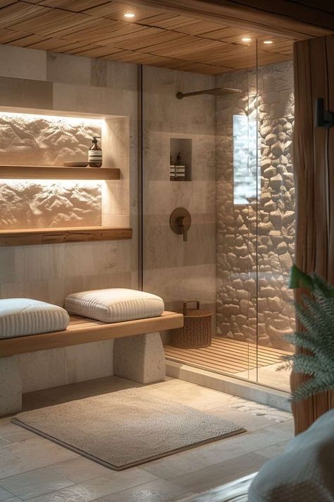 Modern Unique Bathroom Design, Bathroom Remodel Stone, Earthy Tone Bathroom Ideas, Small Modern Country Bathroom, Bathroom With Natural Elements, Small Bathroom Mediterranean Style, Home Inspo Bathroom, Nature Inspired Interior Design Modern, Bathroom Remodel Scandinavian