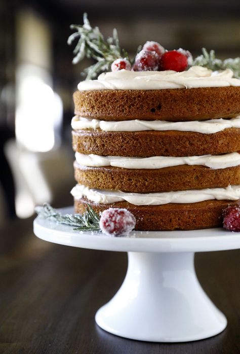 Recipe: Gingerbread Layer Cake with Spiced Cream Cheese Icing Gingerbread Cake Cream Cheese Frosting, Almond Christmas Cake, Gingerbread Layer Cake Recipe, Gingerbread Wedding Cake, Holiday Layer Cake, Winter Flavor Cakes, Gingerbread Cake With Cream Cheese Icing, White Christmas Cake Ideas, Christmas Cake Ideas Elegant