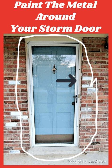 Learn how to paint a metal storm door. Black Front Door With White Screen Door, Paint Metal Door Frame, Green Storm Door, Paint Steel Front Door, Painting An Exterior Metal Door, Back Door With Storm Door, Storm Door Color, Screen Door Color Ideas, Front Storm Doors