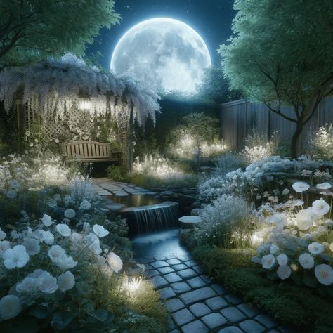 Moonlit Garden Theme, Moon Gardens At Night, Whimsical Front Yard, Moon Garden At Night, Night Garden Aesthetic, Moon Garden Ideas, Moon Gardening, Nighttime Garden, Cloud Garden