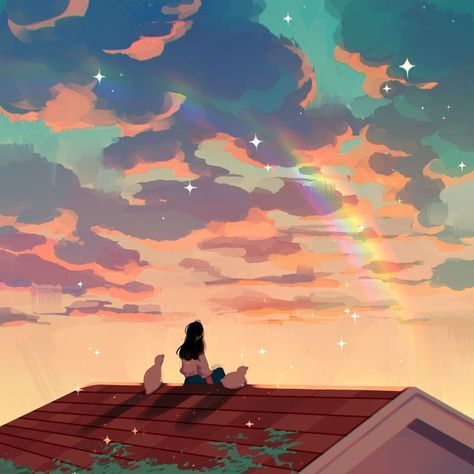 jauni / tofublock 🌻 on Instagram: "after rain 🌈⁣ ⁣ (another reminder that there are still a few days left to sign up for my workshop! link in bio~)⁣ ⁣ #art #drawing #illustration #painting #landscape #sky #clouds #rainbow #roof #view #ducks #aesthetic #colours" Rain Illustration, Rainbow Drawing, Cloud Illustration, Sky Anime, Rain Painting, Rain Art, Rainbow Painting, Colorful Clouds, After Rain