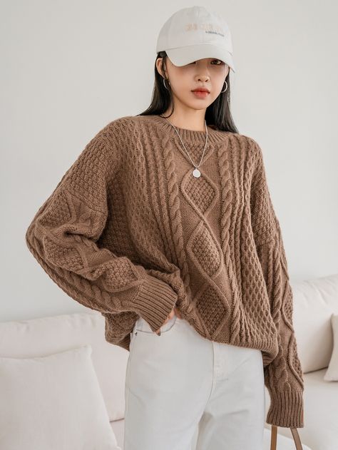 Brown Casual  Long Sleeve Acrylic Plain Pullovers  Slight Stretch Fall/Winter Women Knitwear Brown Knit Sweater, Oversized Sweater Women, Aesthetic Dress, Latest Sweater, Large Sweaters, Design Clothes, Women Sweaters, Oversized Knitted Sweaters, Fashion Design Clothes