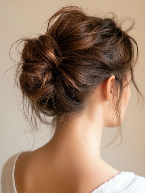 Unlock the potential of your medium-length locks with 34 stunning messy bun ideas. These versatile updos add instant style to any outfit. Master the art of creating texture and volume for a perfectly undone look. From romantic loose buns to sleek twisted knots, find the ideal style for every occasion. Elevate your hair game with these effortlessly chic hairstyles. Low Messy Bun Formal, Hair Up Medium Length, Bun With Medium Length Hair, Medium Hair Messy Bun, Bun Hairstyles For Medium Length Hair, Hairstyles For Medium Length Hair Updo, Messy Bun For Medium Length Hair, Messy Bun Medium Length Hair, Loose Hair Bun