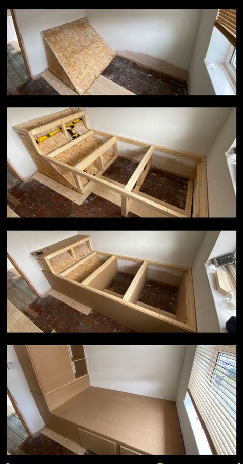 Staircase Bulkhead Ideas, Kallax Over Bed Storage, Beds Over Bulkhead, Box Bed Ideas, Midsleeper Storage Ideas, Bed Above Stairs, Box Above Stairs Bedroom, Box Room Double Bed, Box Room Ideas Storage Solutions