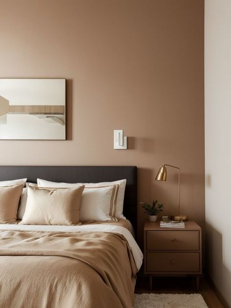 Tan Bedroom With Accent Wall, Master Bedrooms Decor Beige Walls, Accent Wall Bedroom Brown, Accent Wall Bedroom Neutral, Neutral Feature Wall Bedroom, Beige Color Room Bedrooms, Brown Feature Wall Bedroom, Caramel Accent Wall, Bedroom Design Terracotta