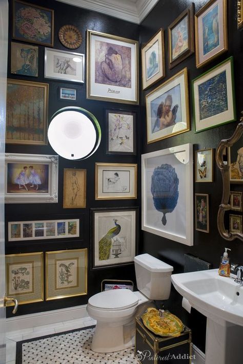 [CasaGiardino] ♛ A (Very) Blah Powder Room Transforms Into a Jewel Box - laurel home Photo Wall Bathroom, Bathroom Frames, Herringbone Headboard, Carriage Garage, Gallery Bathroom, Modern Boho Bathroom, Tulip Fabric, Headboard Tutorial, Rental Bathroom