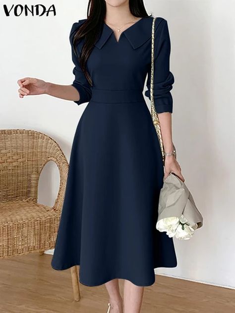 VONDA Women Dress 2023 Bohemian Square Neck 3/4 Sleeve Sundress Casual Solid Color Midi Bodycon Dress Bohemian Office Vestidos _ - AliExpress Mobile Long Casual Dresses With Sleeves, Office Frocks For Women, Dresses For Medium Size Women, Fashionable Office Outfits, Bohemian Office Outfit, Women Neck Design, Long Party Dresses Classy, Modest Bodycon Dress, Office Outfits Women Dress