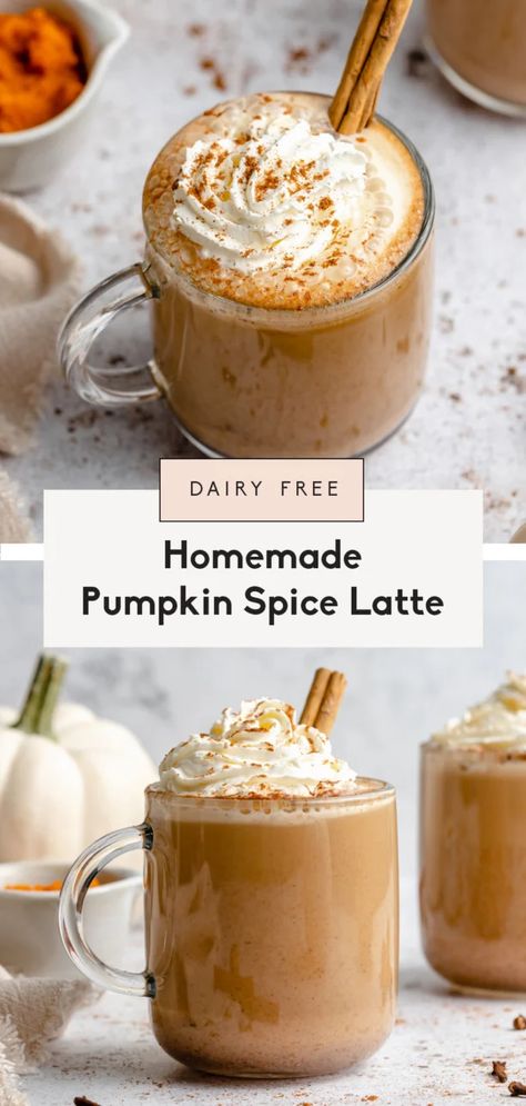 The best homemade pumpkin spice latte made with real pumpkin puree and cozy pumpkin pie spice. You'll love this naturally sweetened, dairy free pumpkin spice latte recipe for your morning coffee or a delicious afternoon pick-me-up! #latte #pumpkin #hotdrink #dairyfree Pumpkin Latte Recipe, Pumpkin Pie Latte, Vegan Pumpkin Spice Latte, Pumpkin Spice Latte Recipe, Pumpkin Puree Recipes, Homemade Pumpkin Spice Latte, Vegan Pumpkin Spice, Pumpkin Spiced Latte Recipe, Festive Recipes