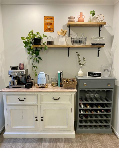 Coffee, Tea and Wine corner. Wine rack and buffet table is from a local recycling shop in which I upcycled it. Shelvings is a reclaimed wood which only cost me $3. Small Kitchen Wine Rack, Small Wine Shelf, Small Wine Rack In Cabinet, Small Wine Rack Countertop, Sideboard With Wine Shelf, House Coffee Bar, Wine Corner, Corner Wine Rack, Apartment Bar