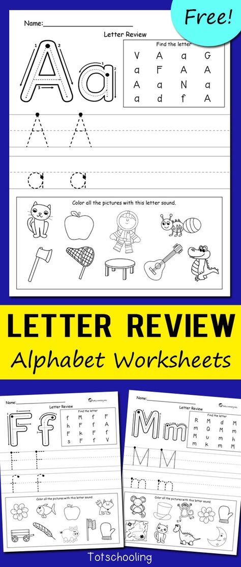 FREE alphabet worksheets for kindergarten kids to review letters and letter sounds, and practice proper letter formation. Letter Sound Worksheets Free, Letter Of The Day Kindergarten, Letters Practice Kindergarten, Letter S Practice Worksheet, Letter Sound Recognition Worksheets, Letter Review Kindergarten, Alphabet Practice Worksheets Free, Free Letter A Worksheets, Letter Review Worksheets Preschool