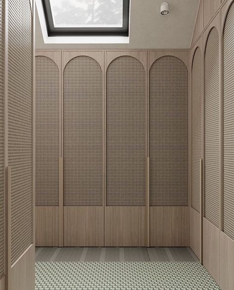 Arch rattan inset detail wardrobe design Wood Closet Doors, Rattan Bedroom, Dream Closet Design, Wardrobe Door Designs, Wardrobe Designs, Wardrobe Interior Design, Japandi Interior, Walk In Closets, Wall Closet