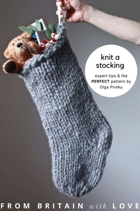 How to knit a Christmas stocking - From Britain with Love Free Knitting Stocking Pattern, Free Stocking Knitting Pattern, Knitting Pattern For Christmas Stocking, Knit Pattern Christmas Stocking, Stocking Pattern Knit, Free Christmas Stocking Knitting Pattern, Diy Chunky Knit Stocking, How To Knit A Stocking For Beginners, Chunky Knit Stocking Pattern Free