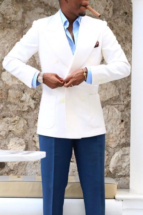 Man wearing a white blazer outfit! White Sport Coat Outfit Men, Double Breasted Suit Men Wedding White, White Suit Men Outfit, Men White Blazer Outfit, Blue And White Suit Men, White And Blue Suit Men, White Blazer Men Outfits, White Suit Jacket Men, White Suit Men Casual