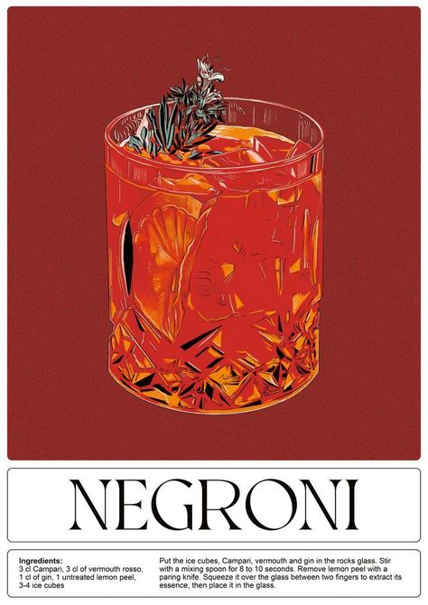 Illustrated drink poster with procreate Wall decoration for a bar Fine Art print on museum paper Pink Night Aesthetic, Strong Color Palette, Negroni Poster, Aesthetic Pasta, Funny Cooking, Drink Poster, Cocktail Illustration, Aesthetic Orange, Trendy Food